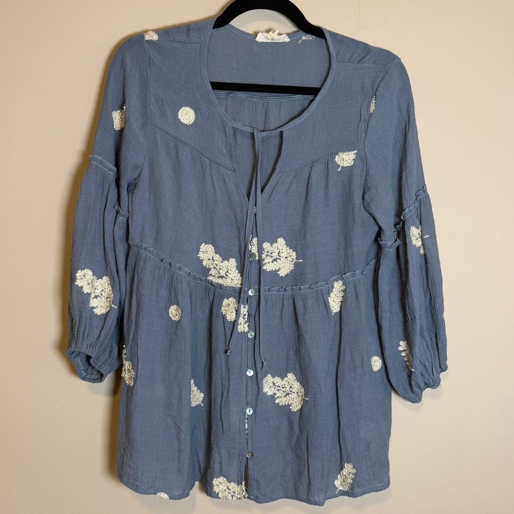 Hope Springs Blue Embroidered Babydoll Tunic Top S Boho Lagenlook Cottagecore